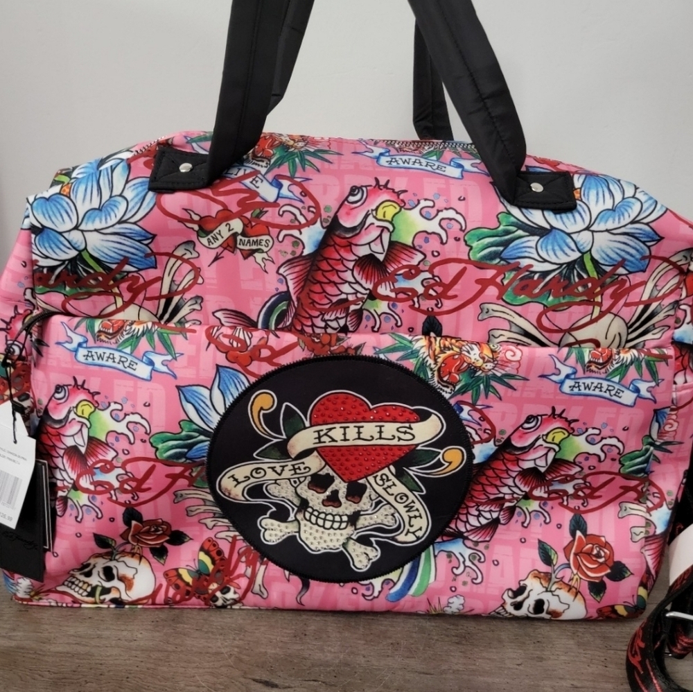 Pink Tattoo-Print Travel Tote Bag with Skull Patch